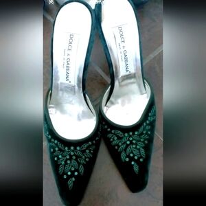 Heels Dolce and Gabbana mule sandals forest green velvet beaded luxury size 7.5